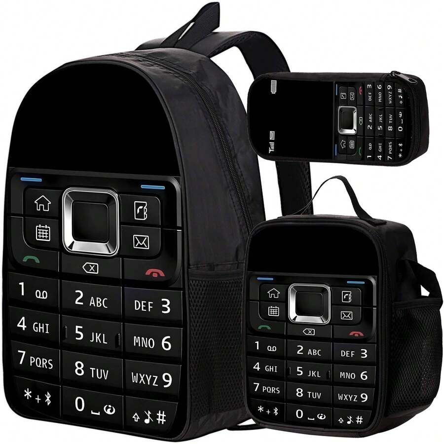 3PCS School Bag, Cell Phone Pattern, Book Bag, 17" Backpack, Lunch Bag, Pen Pouch - Multicolor - View 1