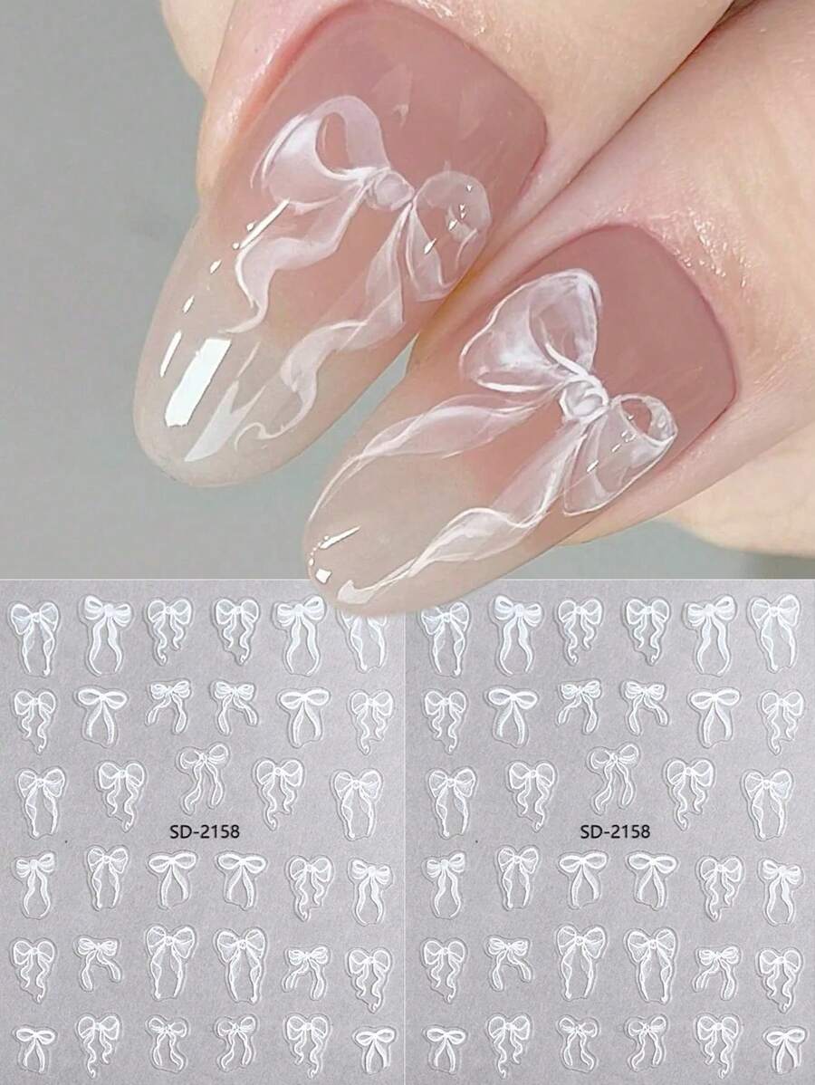 2pcs Lovely White Bowknot Ribbon Design Thin Tough 3D Nail Art Stickers, Self Adhesive Romantic Wedding Bow Decals DIY Charms Decorations Nail Supplies Stick It On Your Nails, Apply A Layer Of Clear Nail Polish Or Top Coat On The Surface, And Your Nails Will Look More Beautiful And The Nail Stickers Will Last Longer.