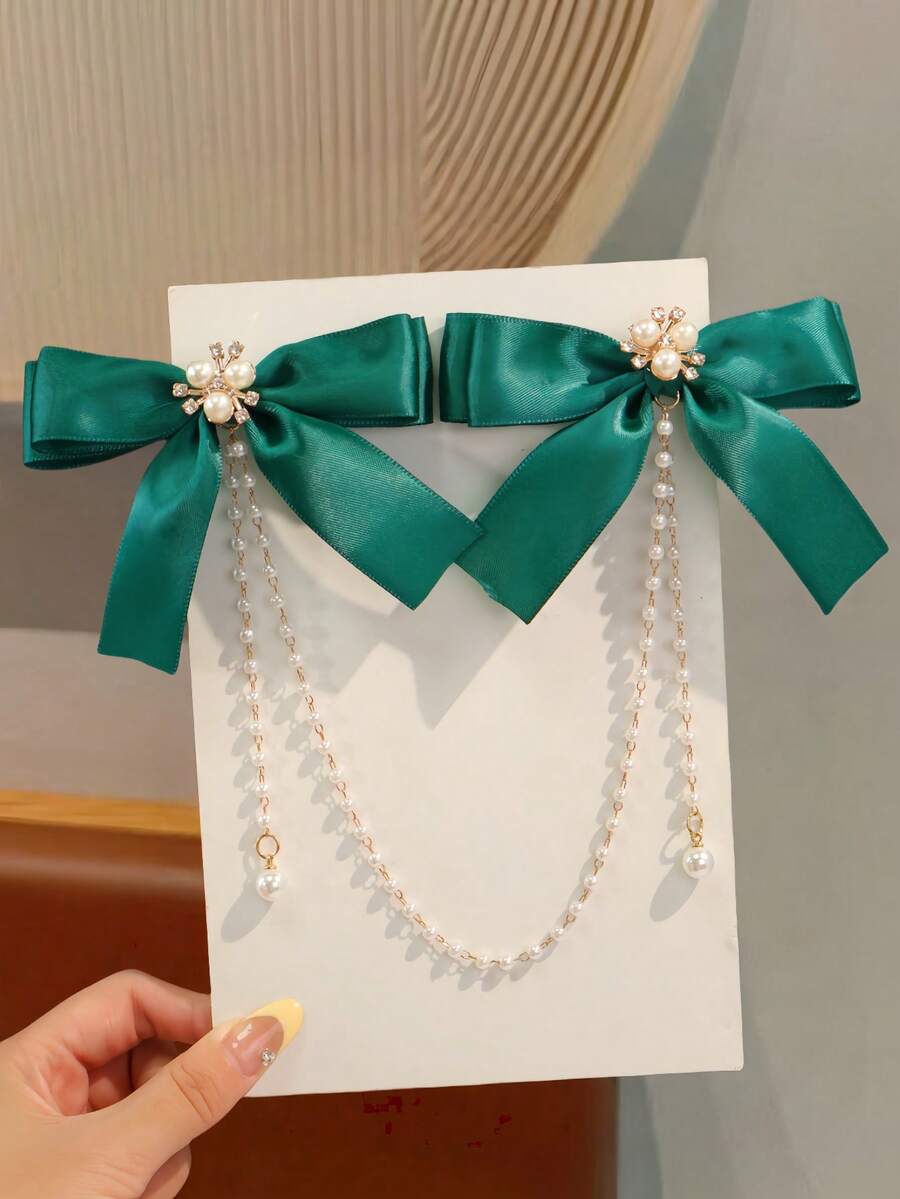 1件女款時尚甜美珍珠蝴蝶結流蘇髮夾 - 綠色 - 查看 1
