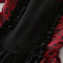 Costume Dress For The Medieval Court Revival Featuring Floral And Bird Patterns, Multi-Color Ruffled Sleeves And Square Neckline, Long Style, Formal Party Princess Elegant Dress, Suitable For Halloween, Renaissance Carnival, Wedding, And Female Historical Role-Playing With Pleated Lace Edge Umbrella Skirt - 墨綠色 - 查看 3