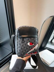 格纹休闲单肩斜挎包，男女通用时尚运动斜挎包个性方形手提包，男女通用商务包竖款鲨鱼嘴设计女包