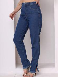 Calça jeans lápis/ fenda/ moda em 2026 - Azul - Visão 3
