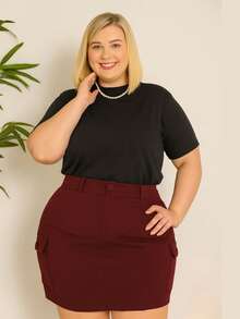 Plus Size Cargo Skirt With Side Pockets, Bengaline Fabric, Elastane, Curve Casual Look, 44 To 52 - Màu Đỏ Sâu - Xem 4