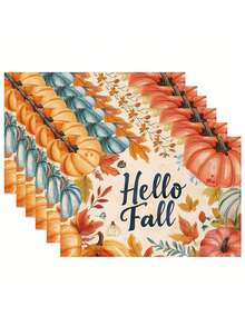 4/6 peças de caminho de mesa de Ação de Graças de outono, capa de mesa de poliéster reutilizável e lavável à máquina com abóbora, folha de bordo, girassol e design "Olá Outono" para decoração sazonal de jantar em casa