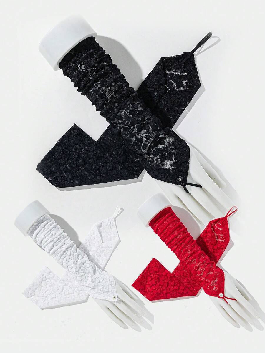 1 Pair Women's Lace Pattern Elegant & Versatile Fingerless Gloves - Multicolor - View 1