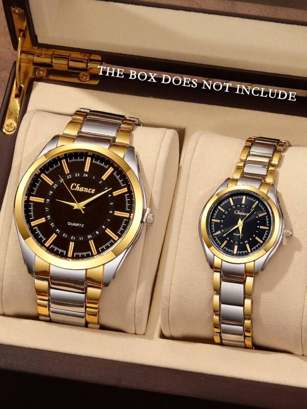 2pcs Fashionable Business Gentleman Couple Watch Set, Versatile Round Dial Steel Strap Quartz Couple Gift Set