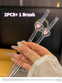 6pcs Cute Pink Heart-Shaped Glass Straws - Reusable Drinkware Set With Cleaning Brushes | Shatter-Resistant Milky Tea Smoothie Accessories, Perfect For Bachelorette Party & Bridal Engagement Decor Gift, Girlfriend Gift - Multicolor - View 14