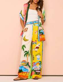 Fnortc Women's Summer Printed Two Piece Pajama Set Short Sleeve Button Top Drawstring Pants Pajamas - Green - View 2