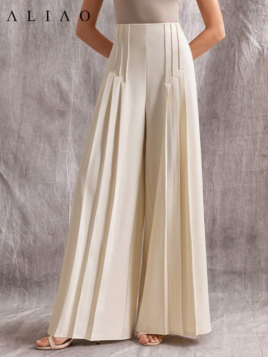 Aliao Elegant Plain Simple Straight High-Waisted City Casual Loose Straight Leg Pant, Office Outfits, Casual, Modest, Brunch Outfits For Women, Club Outfits, Vacation Outfits Woman, Business Casual Woman - Apricot - View 1