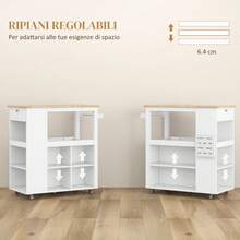 HOMCOM Carrello da Cucina con Ruote, Ripiani Regolabili e Portacoltelli, Isola Cucina con Piano di Lavoro in Legno di Caucciù, per Cucina e Soggiorno, 86.5x47x88 cm, Bianco - Bianco - Visualizzare 6