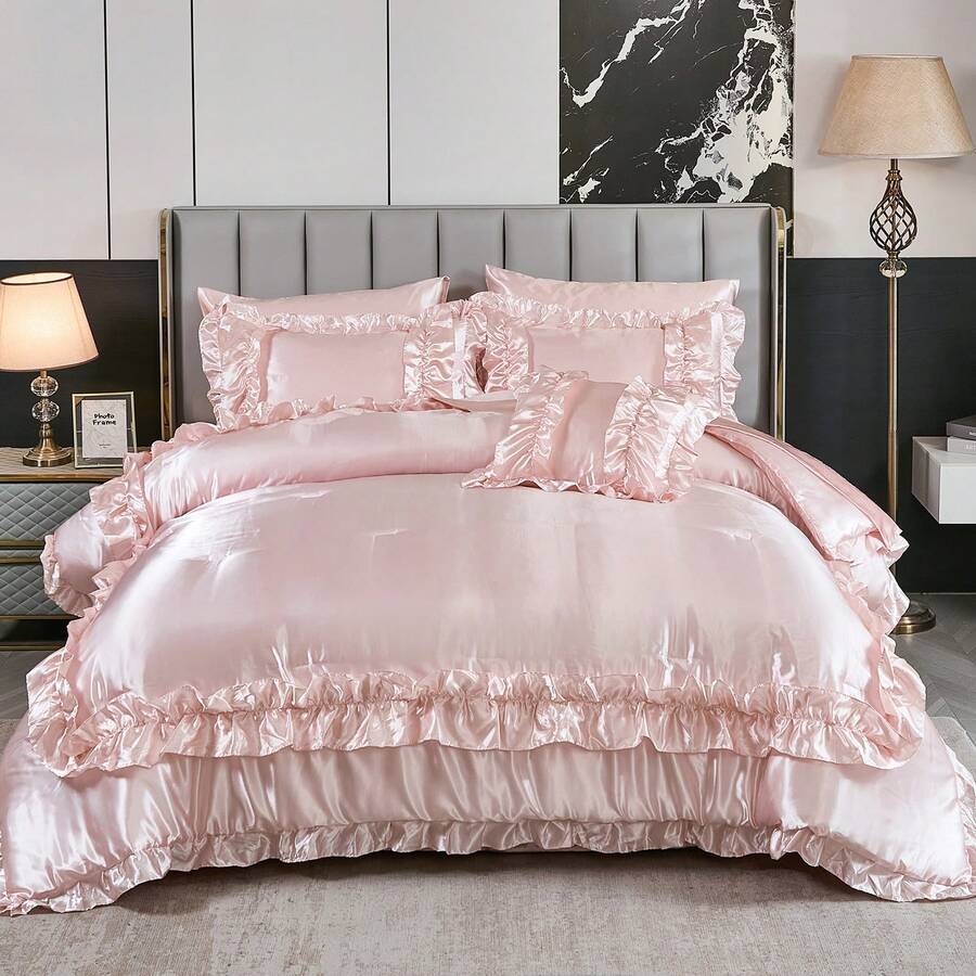 8 Pieces Black Satin Comforter Set King Size With Sheet Set Luxurious Soft And Silky Comforter Set Farmhouse Style Black Rufle Fringe Design Boho Comforter Silk Like Satin Bedding Set - 淺粉色 - 查看 1