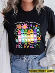 1pc Custom Teacher Name Shirt, Teacher Crayon Floral Shirt, Back To School Tee, Retro Teacher School Outfit, Kindergarten 1st Grade Second Grade - 黑色 - 查看 1