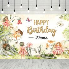 1 szt. personalizowany baner urodzinowy z imieniem, tło do zdjęć w stylu vintage z motywem kwiatowym i bajkowym lasem, baner urodzinowy na ścianę i stół z tortem