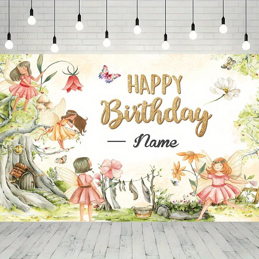 1 szt. personalizowany baner urodzinowy z imieniem, tło do zdjęć w stylu vintage z motywem kwiatowym i bajkowym lasem, baner urodzinowy na ścianę i stół z tortem