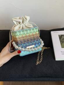 Fashionable New Mini Colorful Striped Shoulder Bag, Casual Woven Pearl Hardware Decoration Handbag, Exquisite And Versatile Drawstring Women's Crossbody Bag, Suitable For Shopping, Wallets, Shopping, Young Women, College Students, Newcomers, And White-Collar Workers. They Are Very Suitable For Offices, Universities, Work, Business, Commuting, Outdoor Activities, Travel, And Outings - Multicolor - View 2