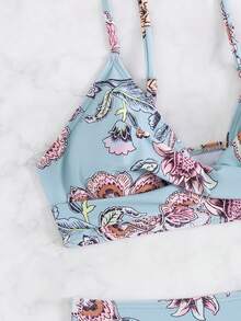 【高腰比基尼套装】女士高腰比基尼套装，两件式泳衣，交叉绑带设计，拼接涤纶针织面料，高弹力沙滩装，夏季 - 彩色 - 查看 6