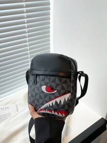 格纹休闲单肩斜挎包，男女通用时尚运动斜挎包个性方形手提包，男女通用商务包竖款鲨鱼嘴设计女包