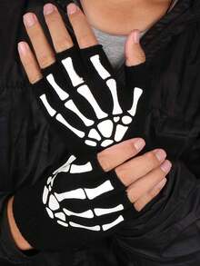1 Pair Punk Gloves Unisex Halloween Skeleton Skull Half Finger Gloves Glow In The Dark Fingerless Stretch Knitted Mittens - Black and White - View 3