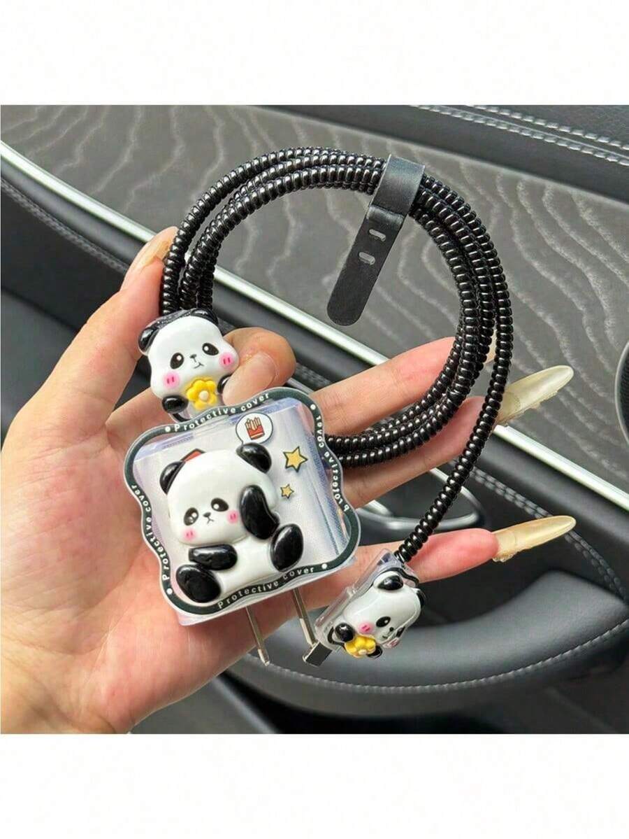 防震熊猫元素5件套3D熊猫卡通软充电适配器保护套，兼容苹果20W/18W 14/15/16充电器适配器，1.5米线缆整理绕线器，女士节生日礼物 - 彩色 - 查看 1