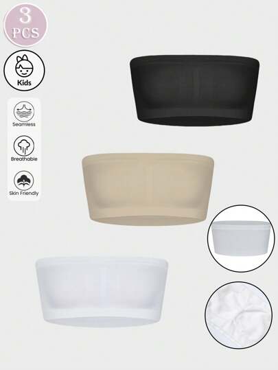 3pcs Minimalist Solid Color Cute Girl Seamless Wireless Camisole Bras, Comfortable Soft Teens Strapless Bras