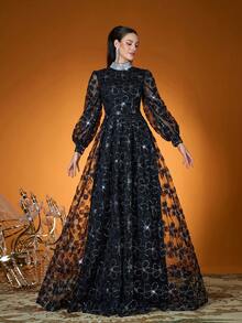 3D Floral Embroidered Pearl Collar Lantern Sleeve Elegant High Neck Illusion Prom Dress, Suitable For Prom, Wedding, Party, Wedding Guest, Evening Gown - Black - View 3