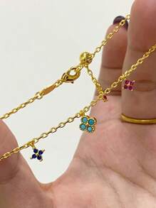 Stylever 1Pc Summer Dopamine Rainbow Candy Colorful Bracelet With Zirconia Flower Clover Light Luxury Premium Sense Niche Sense Collarbone Chain Daily Versatile Fashion - Dopamine Four-leaf Flower Bracelet - View 5