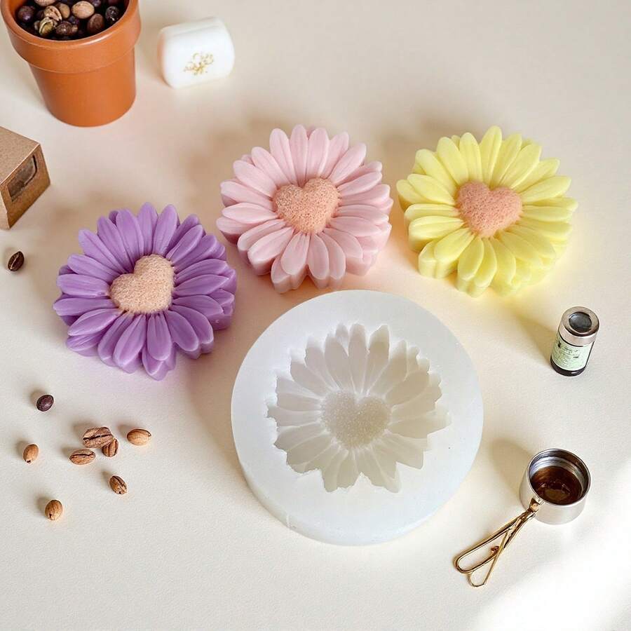 Khuôn nến silicon hình trái tim hoa cúc 3D, Khuôn silicon hương hoa cúc Ins, Vật liệu làm nến thủ công DIY, Thích hợp cho xà phòng, nhựa, thạch cao, đất sét, đồ trang trí thủ công bằng nhựa - trắng - Xem 1