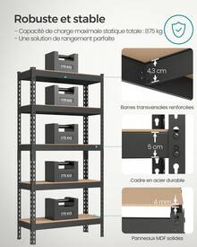 SONGMICS Étagère de Rangement, 5 Niveaux, 30 x 75 x 150 cm, Capacité de Charge 875 kg, pour Cave, Garage, Bureau, Noir - Noir - Voir 2