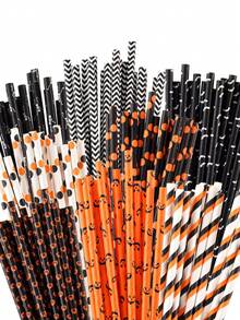 25pcs/50pcs/100pcs Assorted Halloween Paper Straws, 10+ Styles In Black, Orange, Purple Party Straws With Stripe, Wave, Polka Dot, Skull, Ghost, Bat, Pumpkin, Spider Patterns For Halloween Party, Birthday Party, Day Of The Dead, Color And Style Random