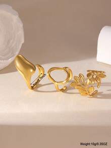GEREIT Bộ 3 chiếc nhẫn hình lá rỗng bằng thép không gỉ 18K, thích hợp cho nữ đeo hàng ngày, quà tặng Ngày của Mẹ. - Vàng - Xem 3