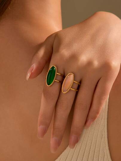 2 piezas de anillos abiertos de acero inoxidable con baño de oro, con gemas incrustadas de color rosa y verde esmeralda, adecuados para mujeres como accesorio o regalo para ocasiones especiales