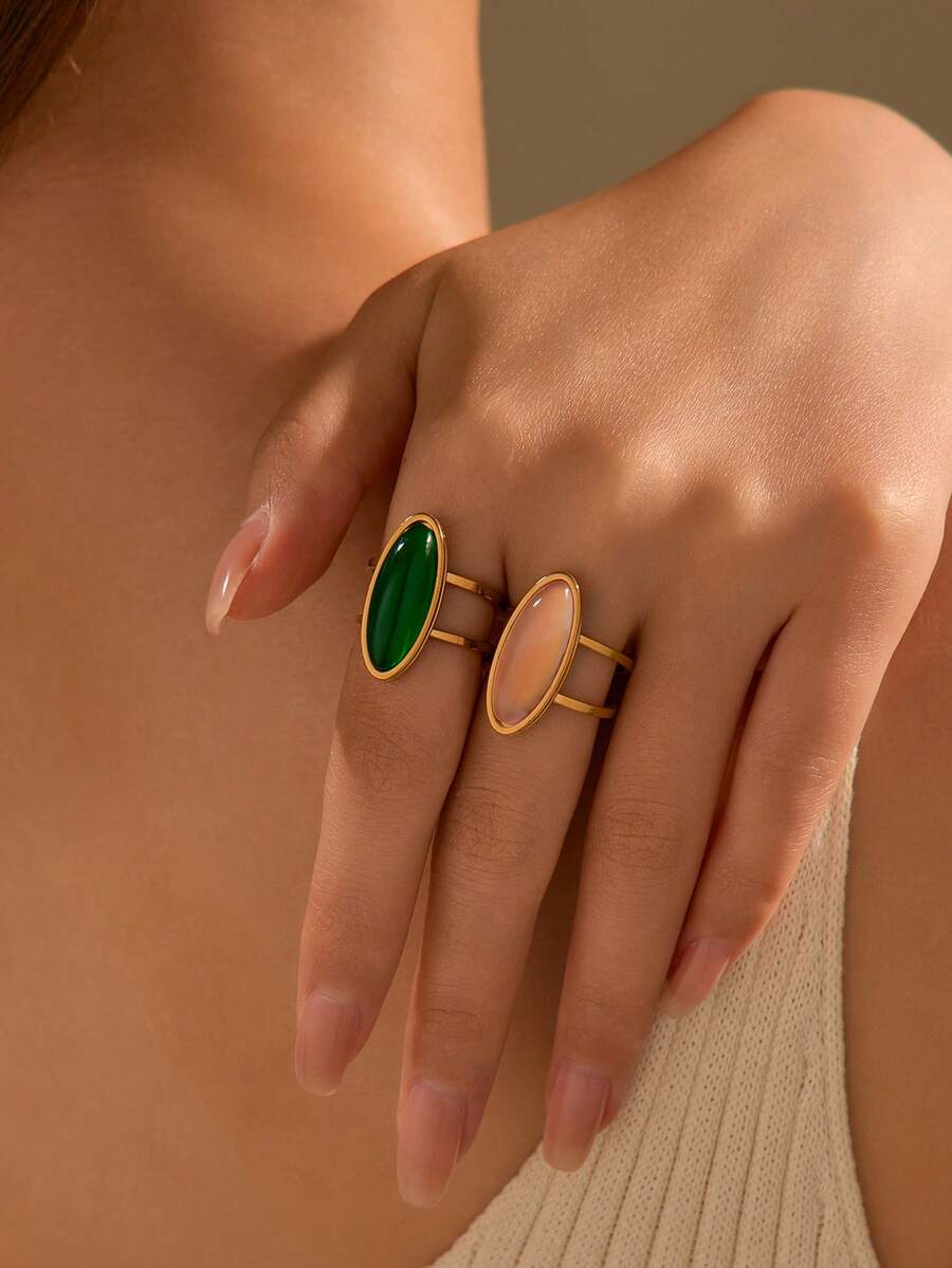 2 buah cincin terbuka stainless steel warna emas dengan batu permata merah muda dan hijau zamrud bertatahkan, cocok untuk wanita sebagai aksesori atau hadiah liburan. - Yellow Gold - View 1