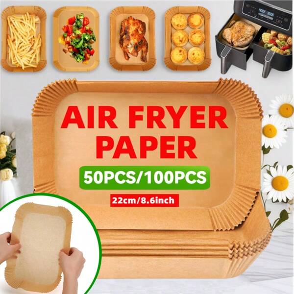 50/100 Pak Airfryer Bakpapier | 22x14cm Antiaanbak, Hittebestendige Bakplaten voor Airfryers met Dubbele Mand | Rechthoekig Wegwerppapier voor Airfryer