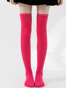 1 Pair Women Over Knee Socks, Cosplay Anime Character Uniform, Japanese Style Striped & Solid Thigh-High Stockings