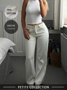 High-Waisted Straight Leg Jeans, Loose Wide Leg Jeans, Ankle Length Casual Cotton Pants, Suitable For Office, Outdoor, Work, White Trousers Spring ,Petite Women - White - View 3
