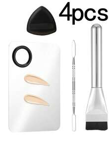 4-Piece Base Makeup Tool Set, Foundation Make-Up Mixing Palette, Color Mixing Stick, Flat Head Foundation Make-Up Brush, Powder Puff, Makeup Artifact, Makeup Accessories Set For Mixing And Preserving Cosmetics - Multicolor - View 1