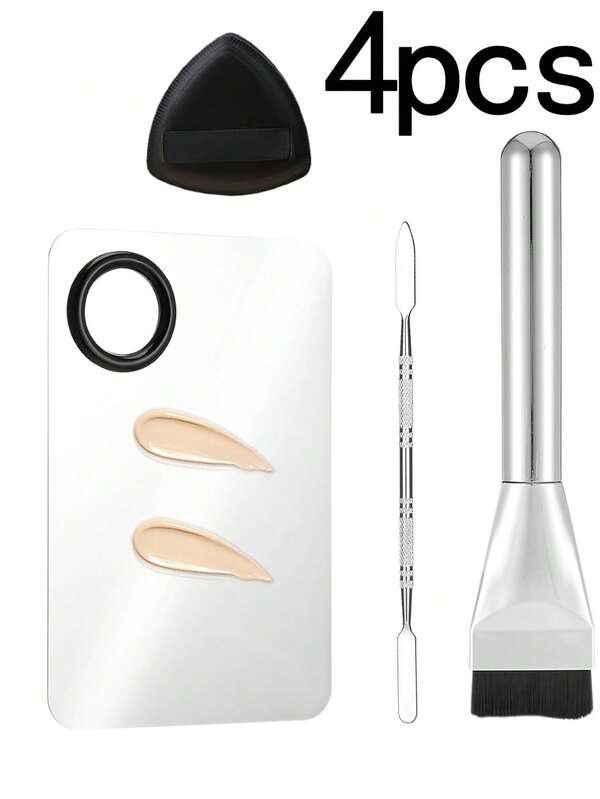 4-Piece Base Makeup Tool Set, Foundation Make-Up Mixing Palette, Color Mixing Stick, Flat Head Foundation Make-Up Brush, Powder Puff, Makeup Artifact, Makeup Accessories Set For Mixing And Preserving Cosmetics