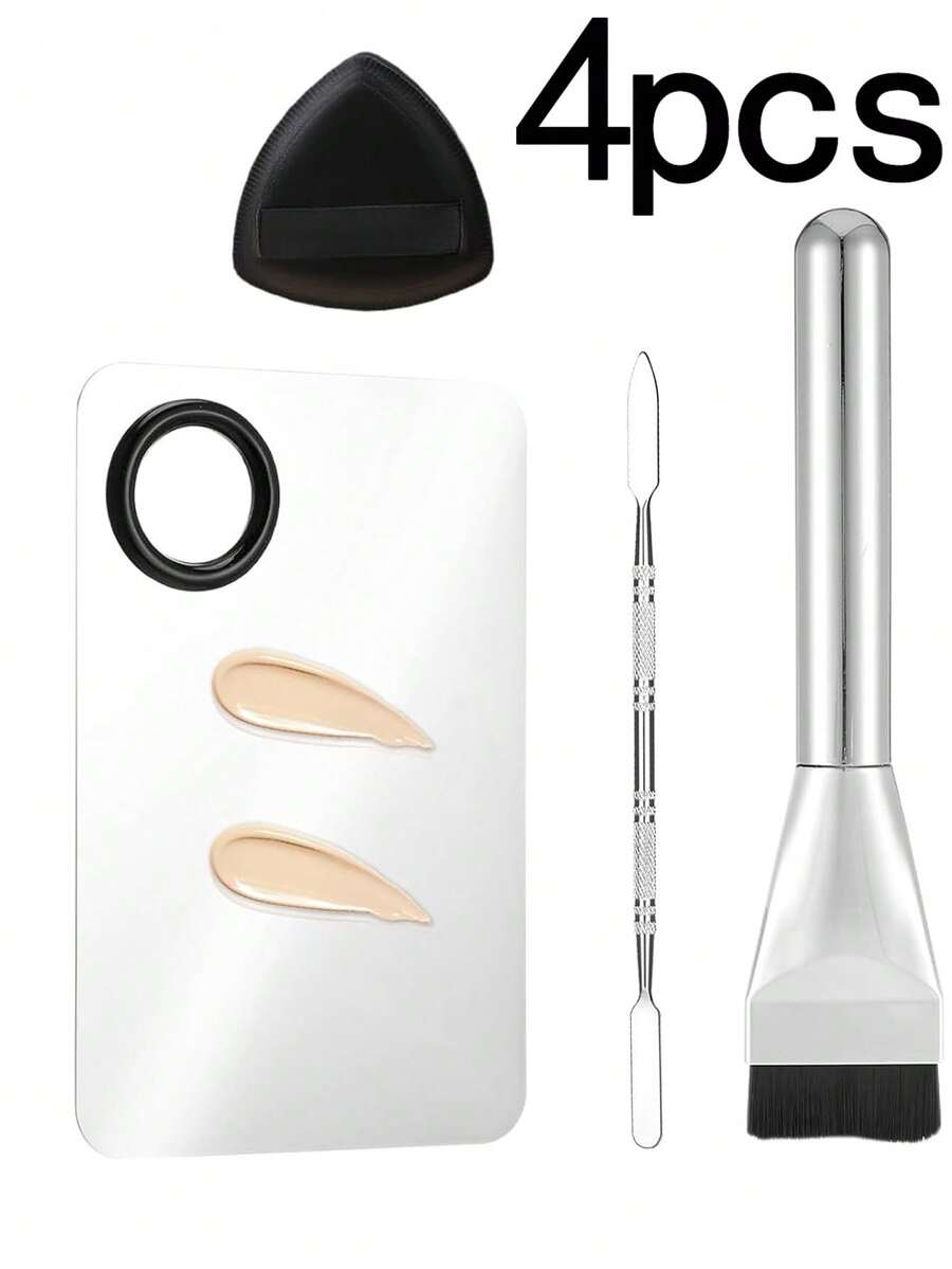 4-Piece Base Makeup Tool Set, Foundation Make-Up Mixing Palette, Color Mixing Stick, Flat Head Foundation Make-Up Brush, Powder Puff, Makeup Artifact, Makeup Accessories Set For Mixing And Preserving Cosmetics - Multicolor - View 1