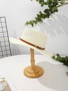 قبعة قش بوهيمية بإبزيم جلد بني محدب مسطح، مناسبة للاستخدام الخارجي في الصيف والسفر والعطلات