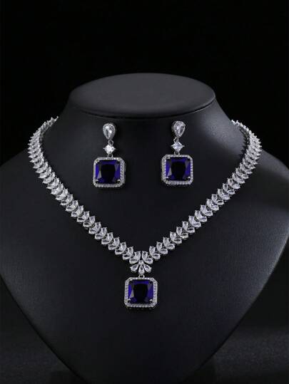 1 Set Of 3pcs Luxury Zirconia Necklace & Earrings Jewelry Set, Bridal Wedding Dress Engagement Party Evening Gown High-End Accessories, Leaf Square Decor For Women Holiday Wear