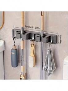 Wall-Mounted Mop Holder, Adjustable 2/3/4 Tiers, Practical Clip Hooks, Space-Saving, Suitable For Brooms, Home, Bathroom, Kitchen Storage And More - Black - View 12