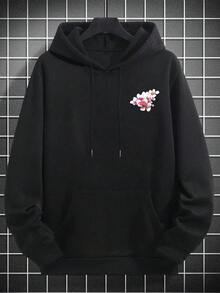男士休闲樱花印花带口袋连帽衫，秋冬 - 黑色 - 查看 5