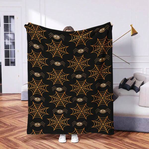 1pc Contemporary Flannel Trending Halloween Spider Web Design Blanket - Soft & Warm Digital Printed Knit Throw Blanket, Suitable For Napping, Sofa, Office, Camping, Multipurpose Gift, All Seasons