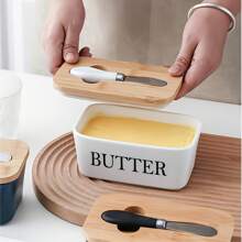 1pc 350ml Ceramic Butter Jar With Lid And Butter Knife, 4 Colors Available - Perfect For Home Cheese Jar, Butter Box, Butter Knife, Cheese Knife, Scraper - Butter Container, Sealed Butter Box, Butter Dish, Home Decor, Party & Christmas Storage