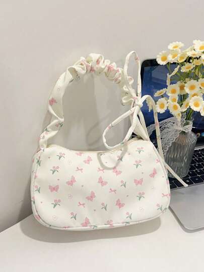 1 pieza Bolso de hombro versátil y casual de verano con diseño de cordón, estampado de lazo, cremallera de nailon blanco y suave, adecuado para uso diario de mujeres, nuevo nicho de comercio transfronterizo