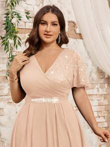 Vestido con mangas de mariposa, cuello en V, encaje floral, parche de gasa, cinturón de strass, talla grande, adecuado para invitados de boda, verano, cumpleaños, graduación, regreso a la escuela y otras ocasiones elegantes - Champán - Ver 9
