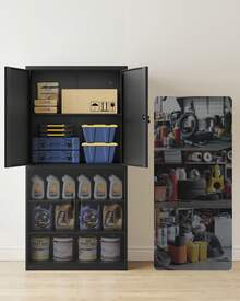 Armoire de Garage à 5 Étagères avec 4 Portes, Armoire de Bureau, 40 x 80 x 180 cm, 2 Serrures, Étagères Réglables, en Métal, Noir d'Encre - Noir - Voir 2