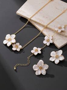 1 pezzo Collana con ciondolo a goccia d'olio bianco a 5 petali fatto a mano, 1 paio di orecchini, 1 pezzo bracciale, set di gioielli da donna