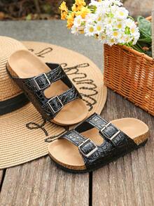 1 Pair Children's Fashionable Leopard Print PU Design Non-Slip Soft Cork Flat Toe Open Beach Slippers, Suitable For Summer