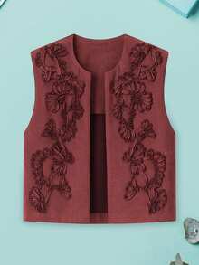 Cowgirl Vest Western Outfit For Women Embroidery Faux Suede Vest Cropped Cardigan Boho Top - Brown - View 7